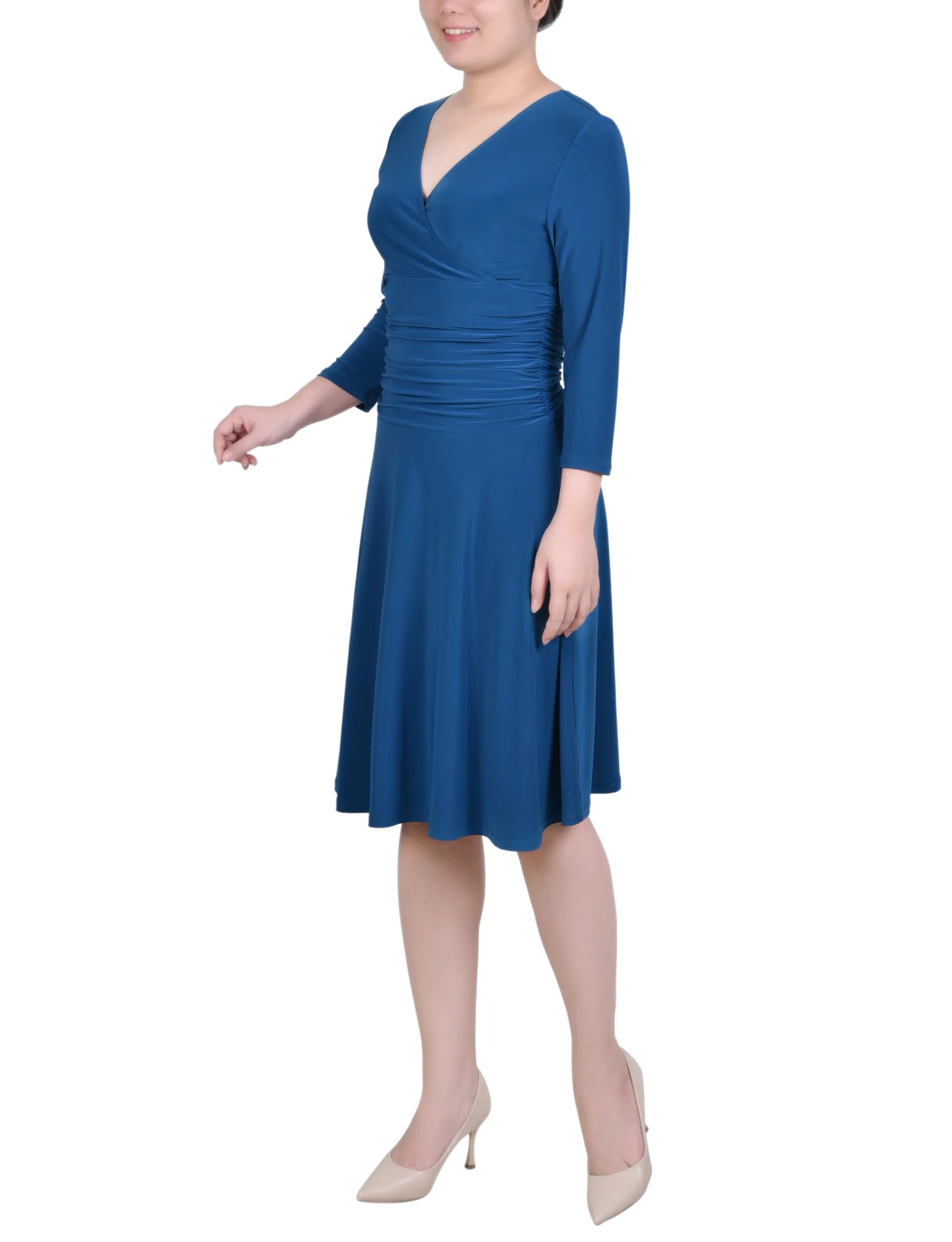 Petite 3/4 Sleeve Rouched-Waist Dress