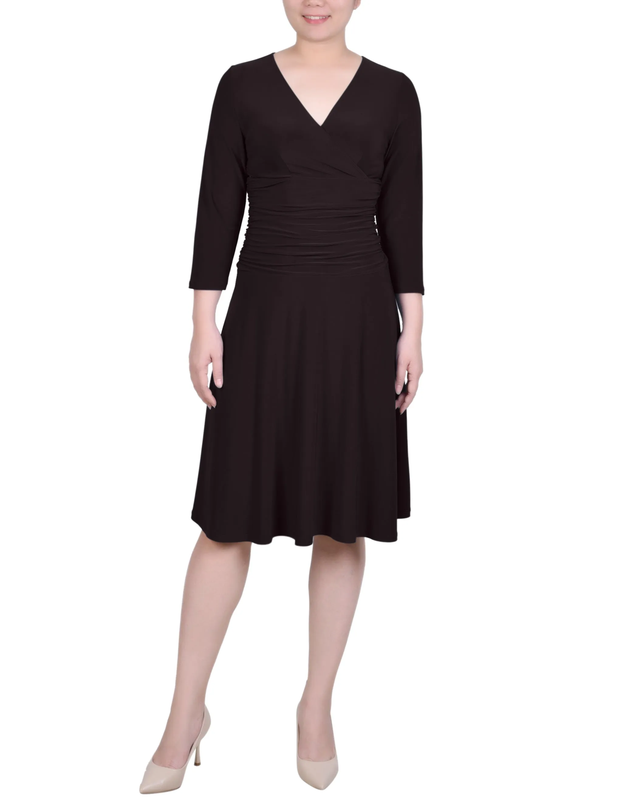 Petite 3/4 Sleeve Rouched-Waist Dress