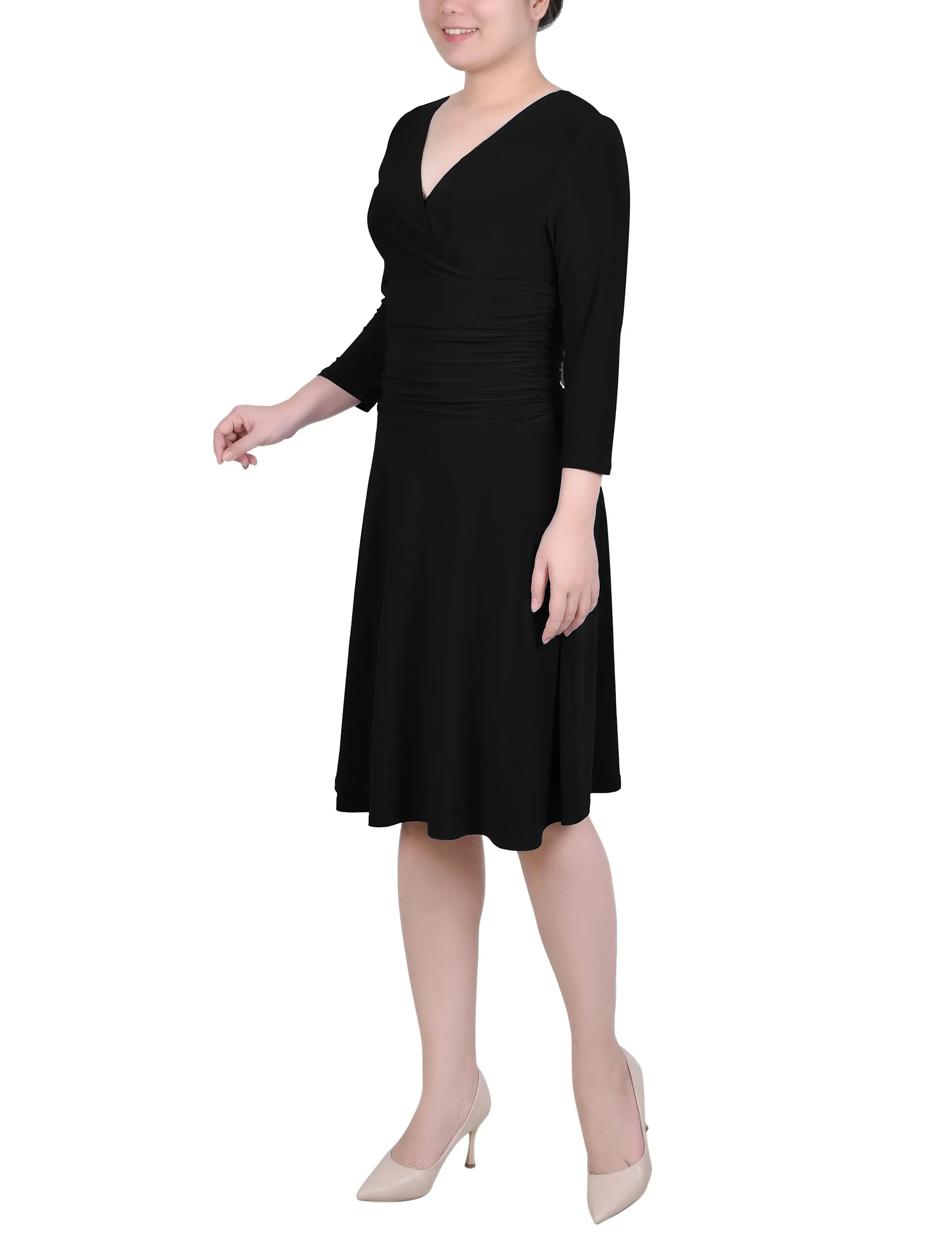 Petite 3/4 Sleeve Rouched-Waist Dress
