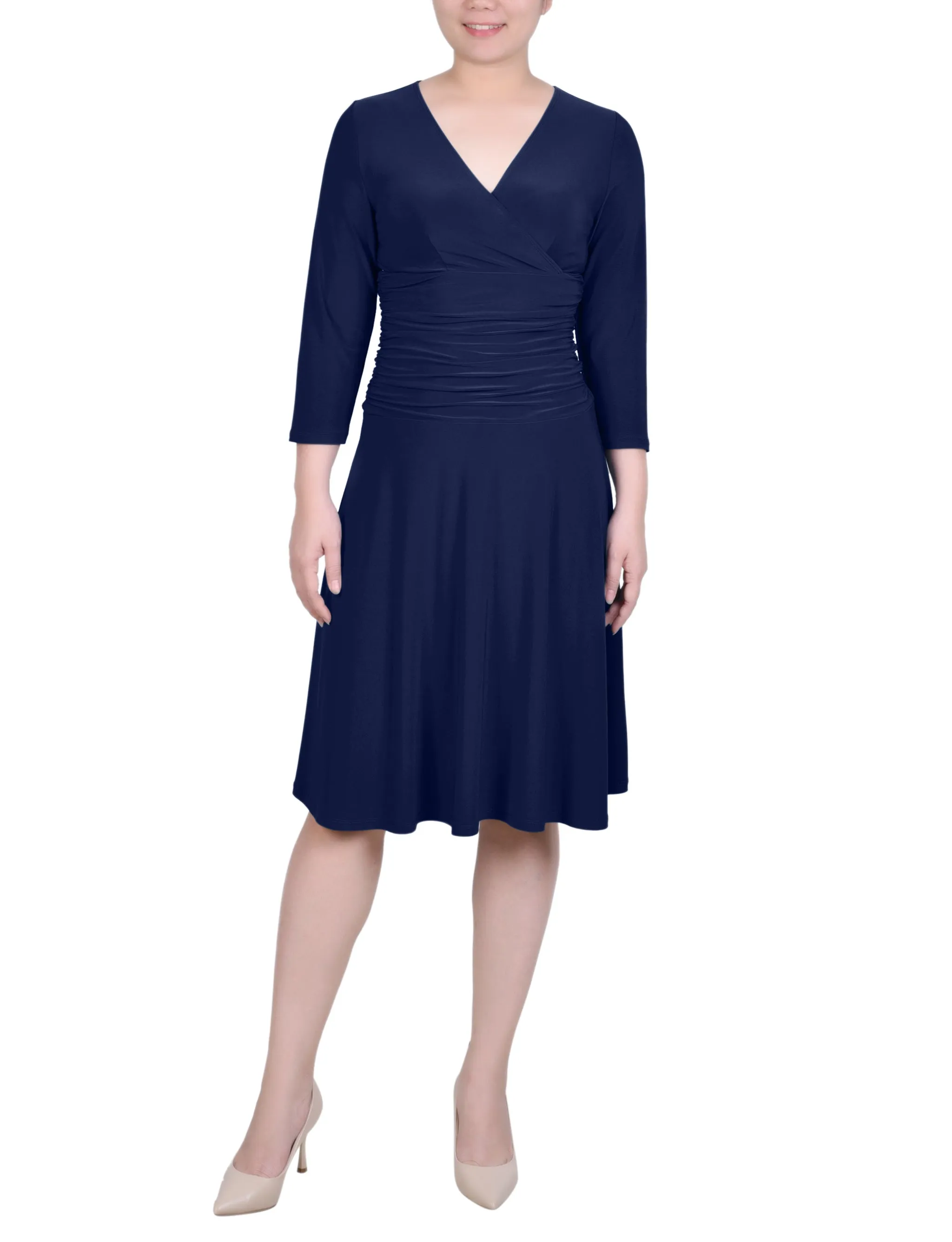 Petite 3/4 Sleeve Rouched-Waist Dress