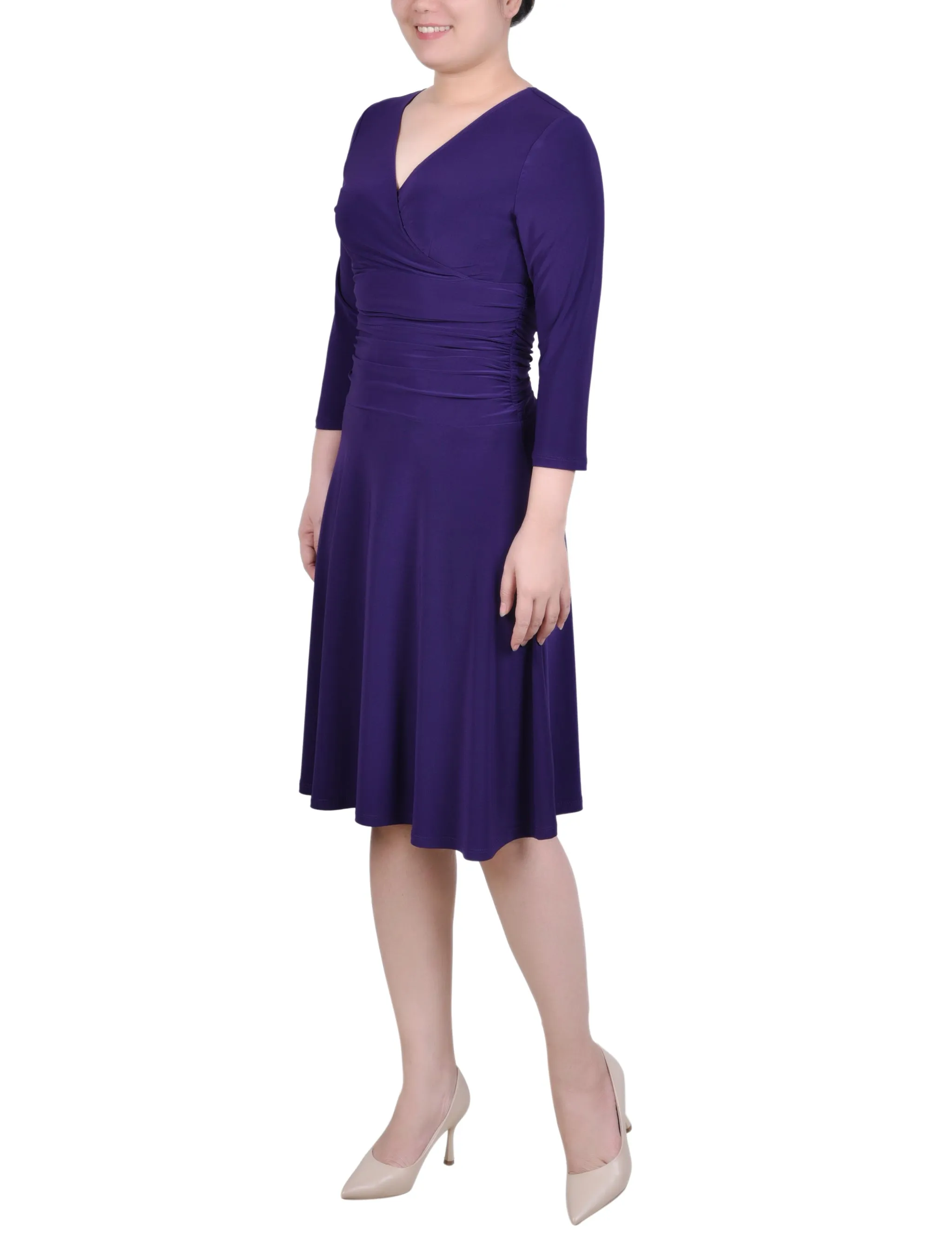 Petite 3/4 Sleeve Rouched-Waist Dress
