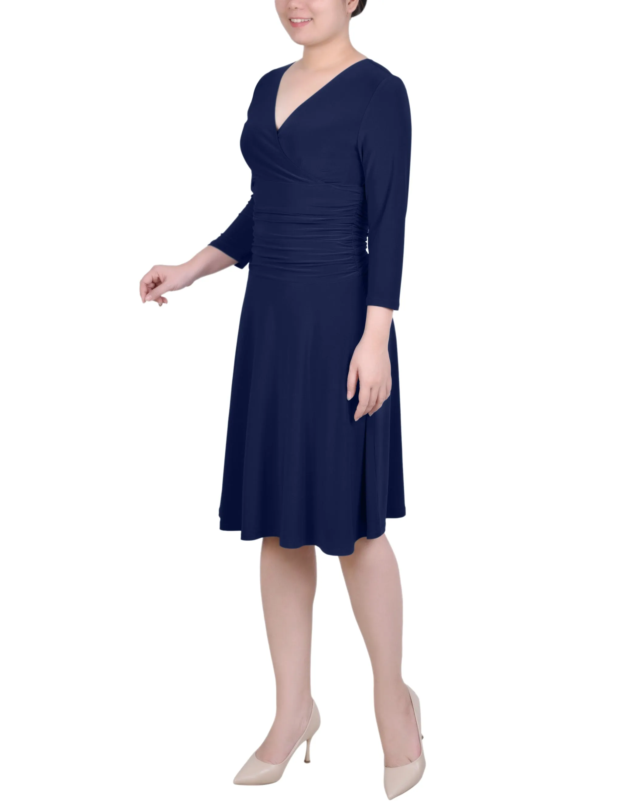 Petite 3/4 Sleeve Rouched-Waist Dress