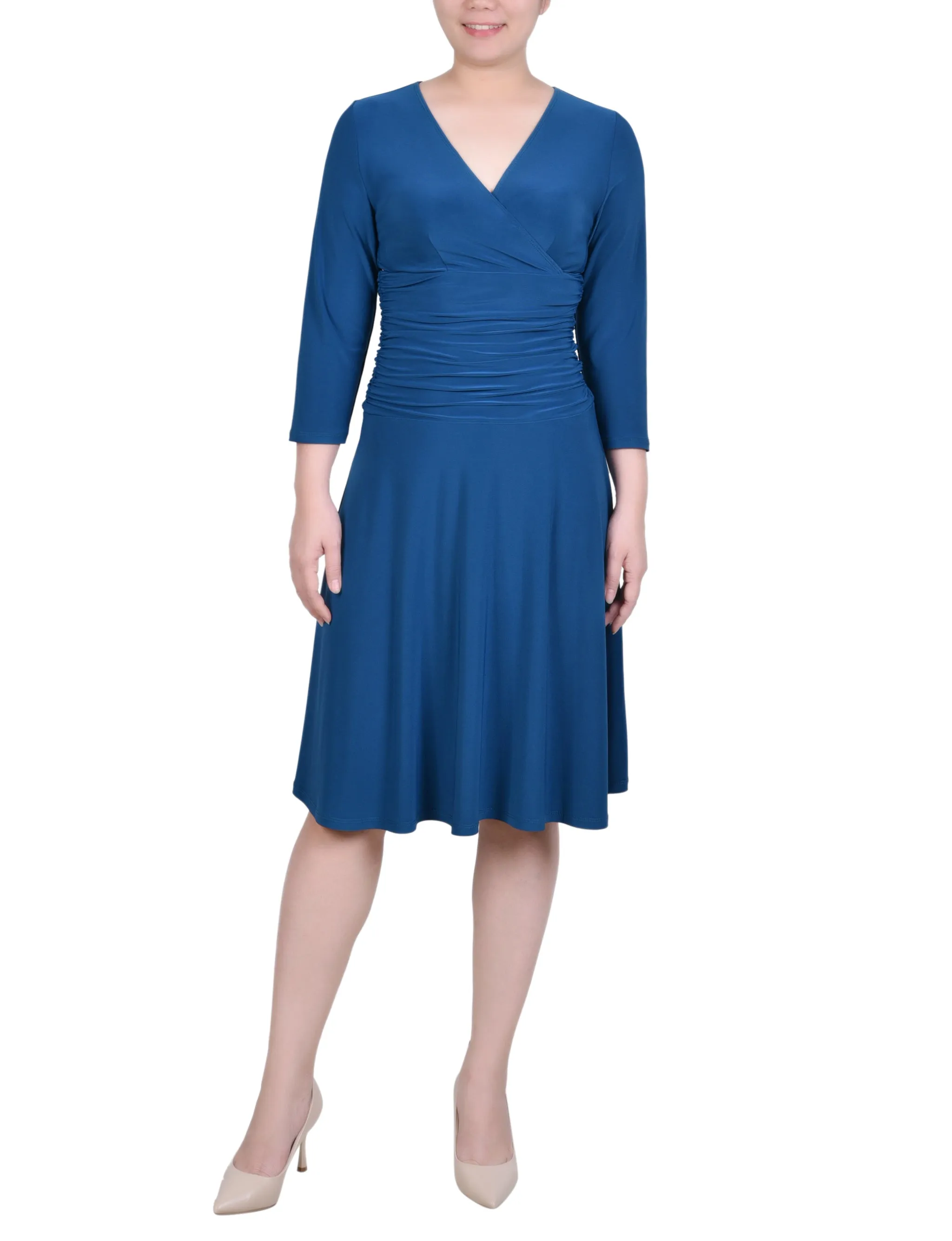 Petite 3/4 Sleeve Rouched-Waist Dress