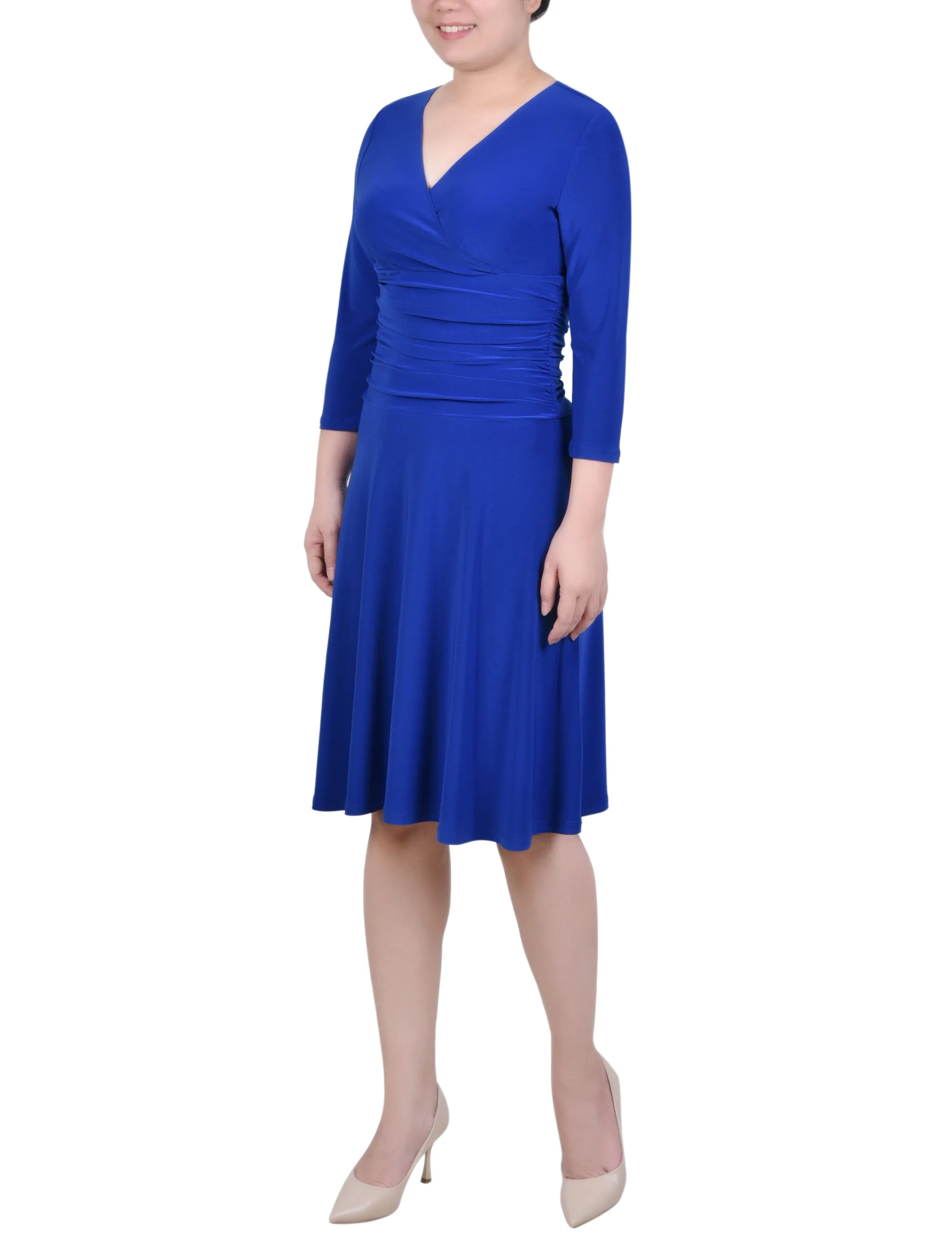 Petite 3/4 Sleeve Rouched-Waist Dress