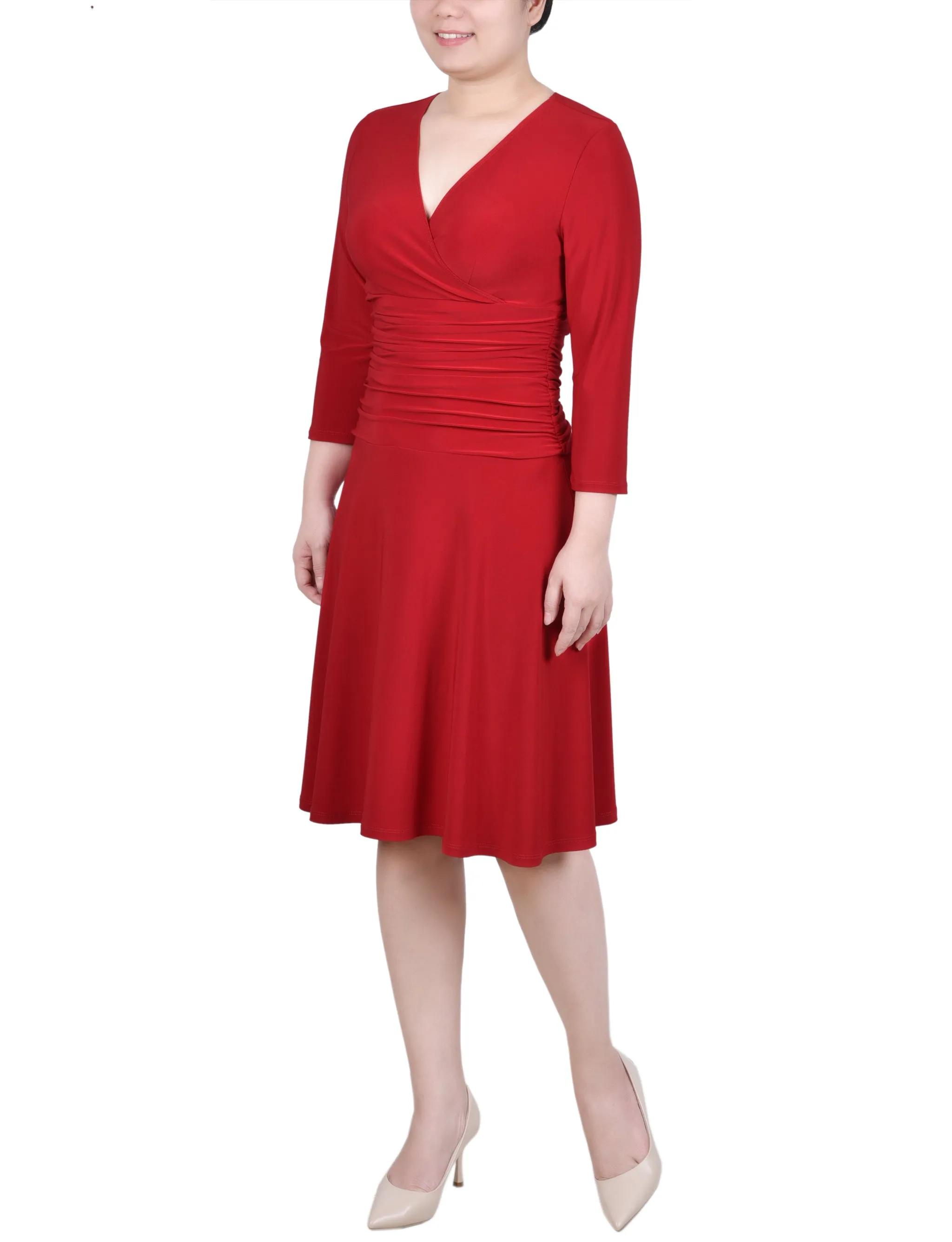 Petite 3/4 Sleeve Rouched-Waist Dress