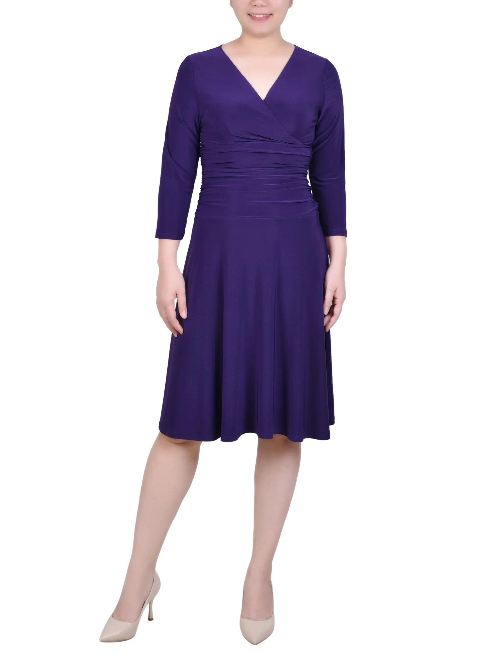 Petite 3/4 Sleeve Rouched-Waist Dress