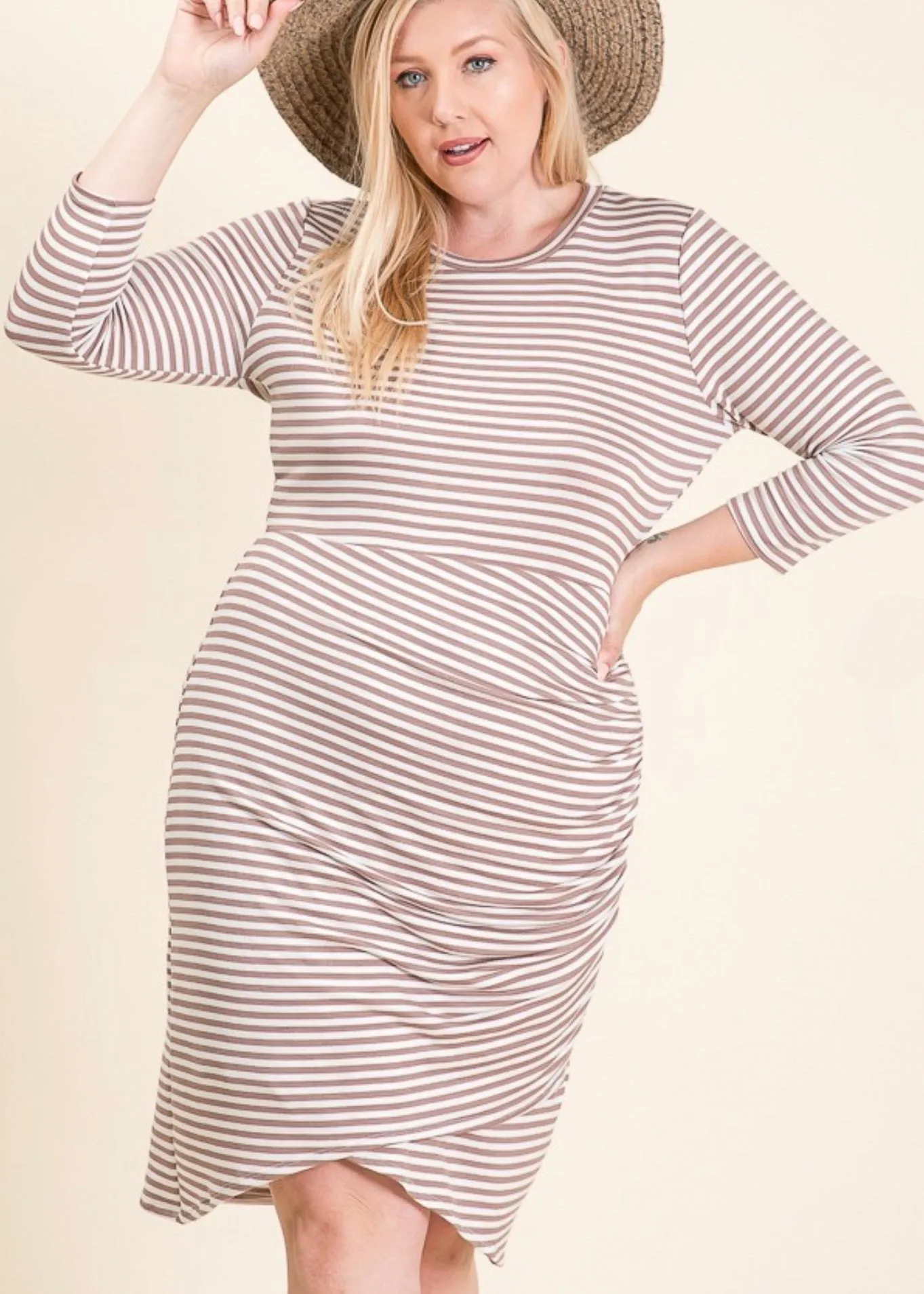 Philomena, Women's Plus Size, Knee Length Dress, Stretch Knit, Mocha Stripe