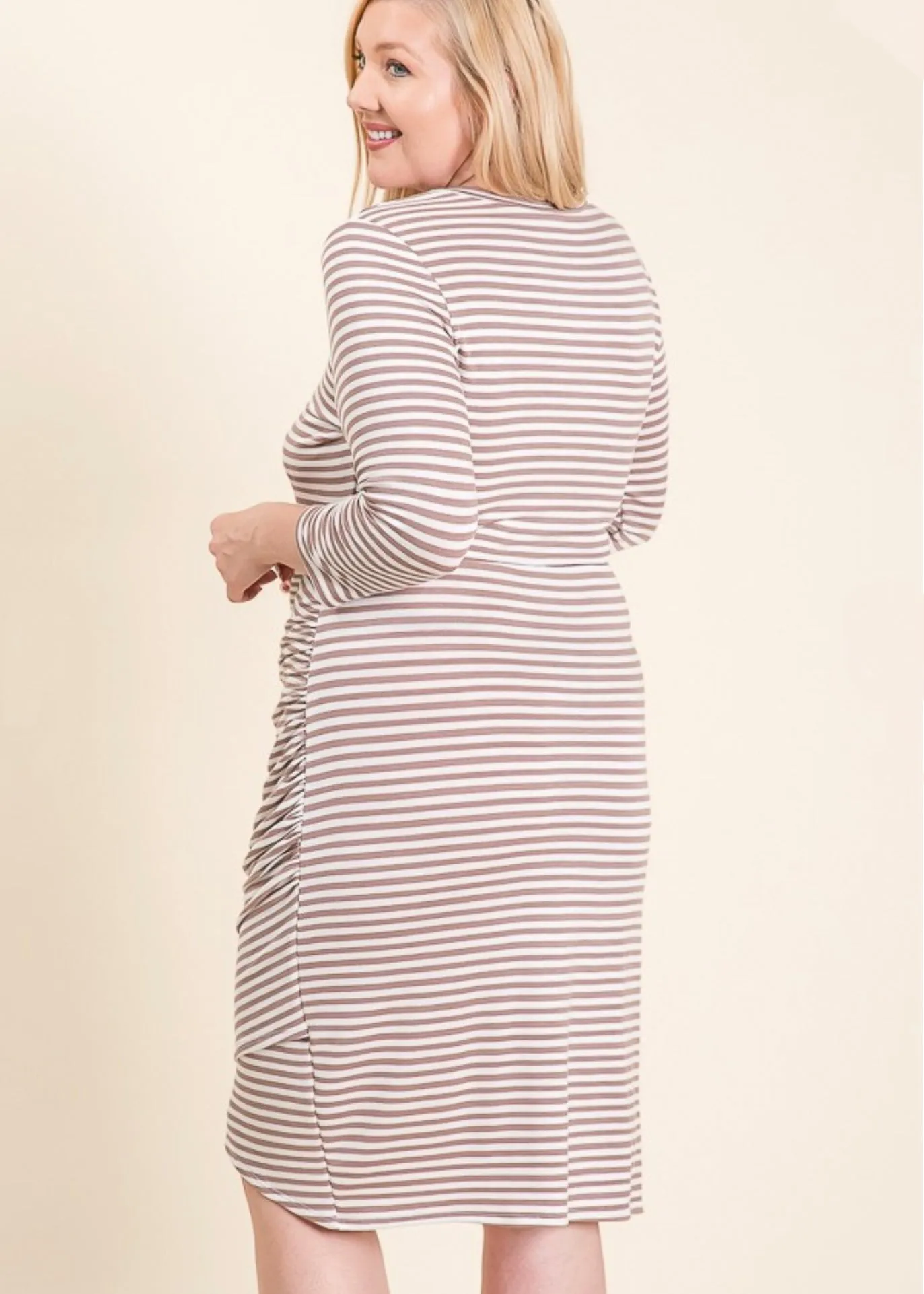 Philomena, Women's Plus Size, Knee Length Dress, Stretch Knit, Mocha Stripe