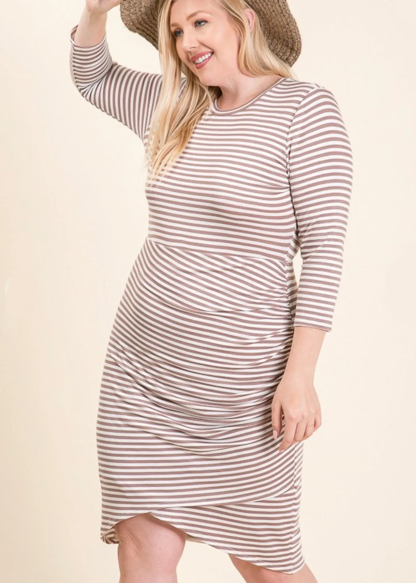Philomena, Women's Plus Size, Knee Length Dress, Stretch Knit, Mocha Stripe