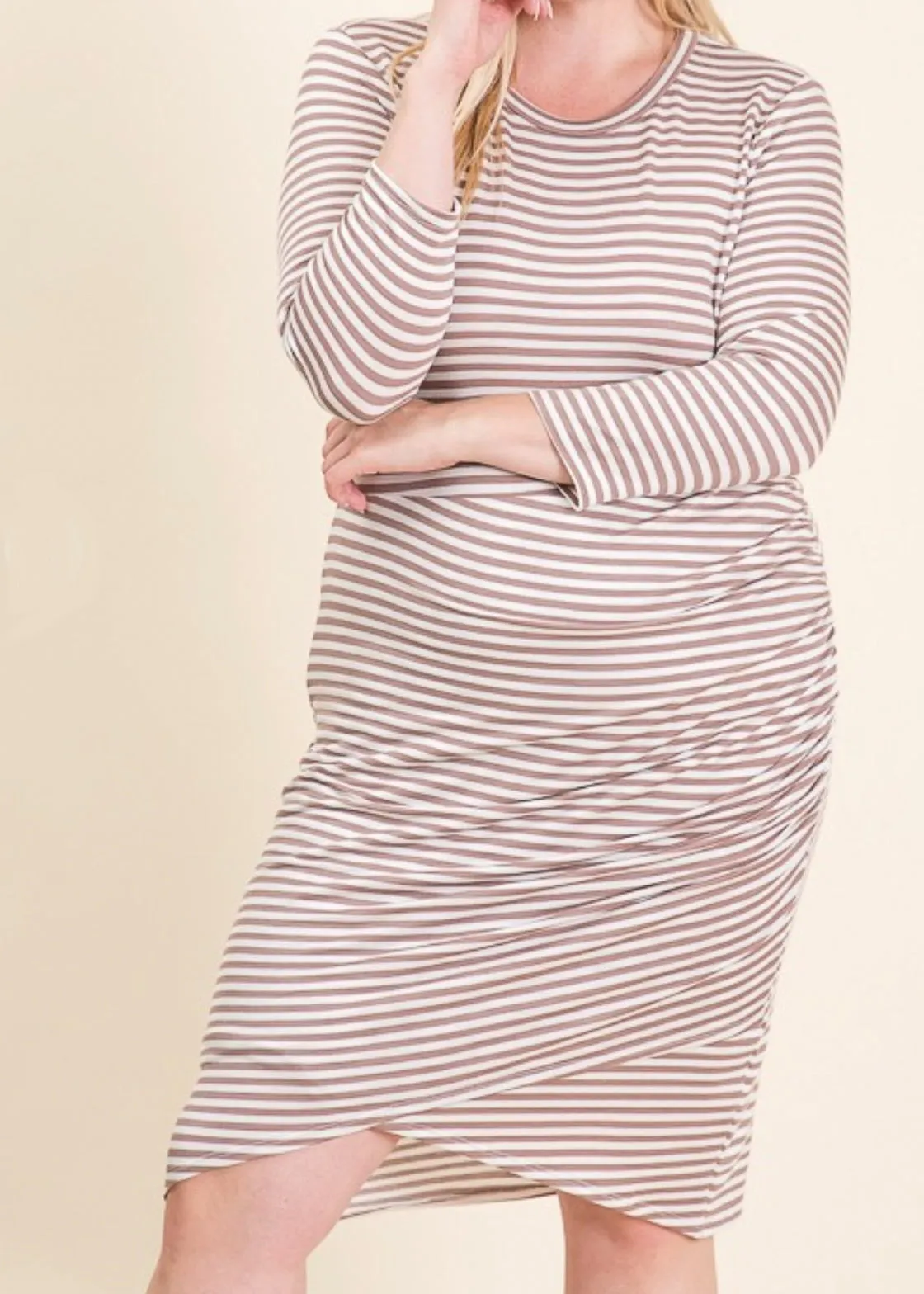 Philomena, Women's Plus Size, Knee Length Dress, Stretch Knit, Mocha Stripe