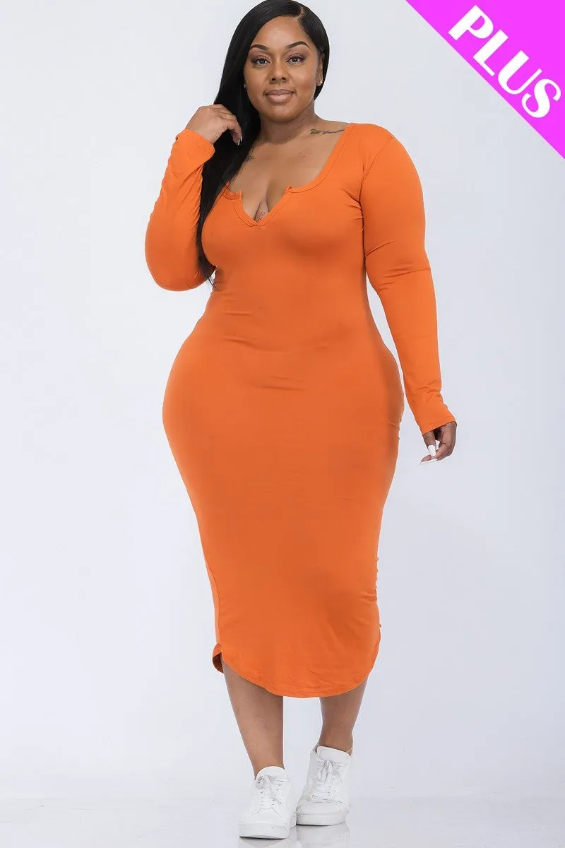 Plus Size Split Neck Long Sleeve Midi Dress | 7 Colors