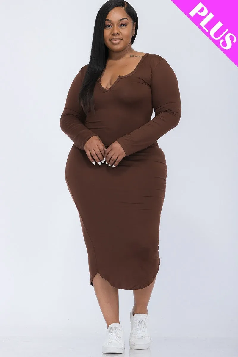 Plus Size Split Neck Long Sleeve Midi Dress | 7 Colors