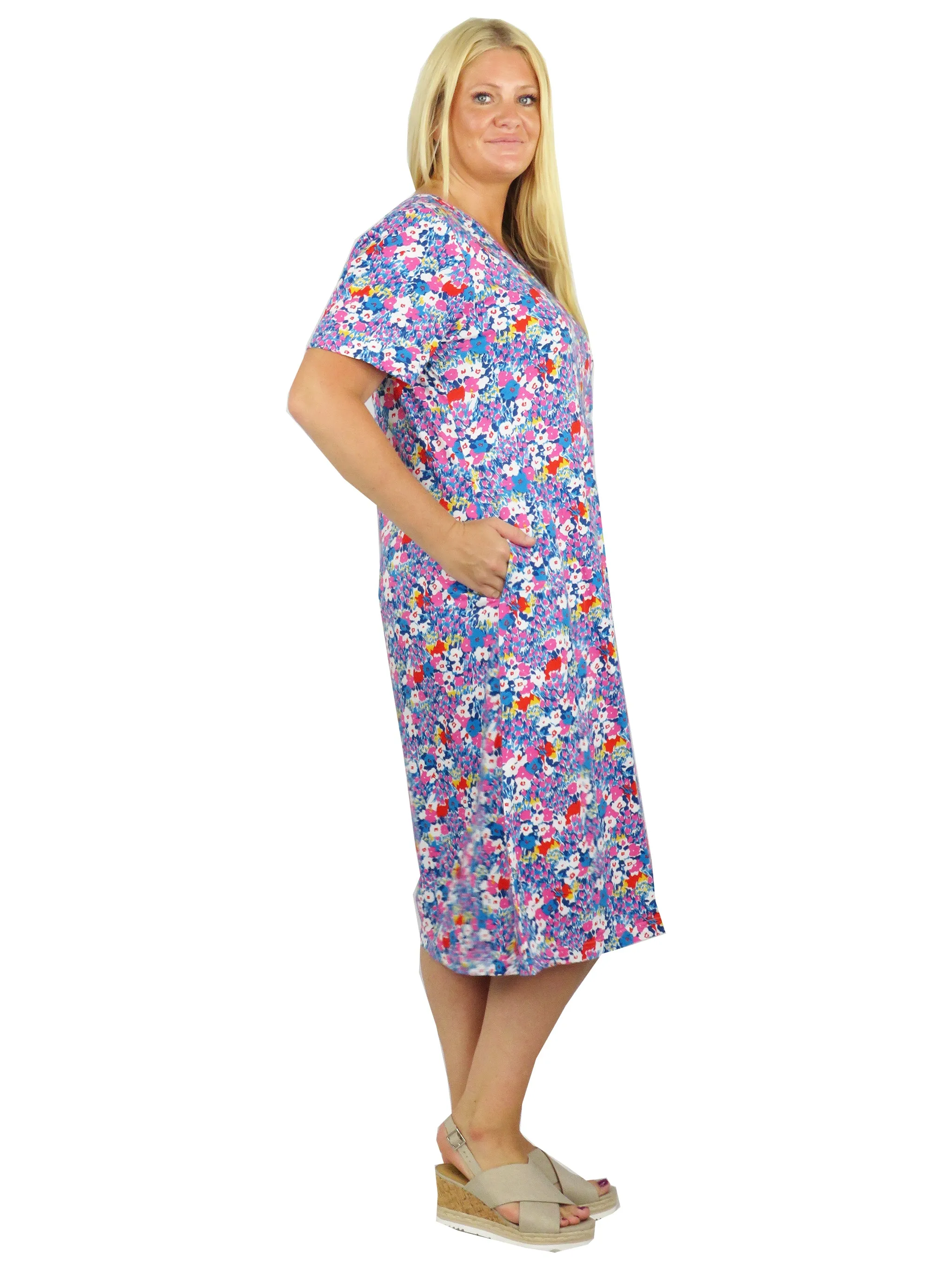 Plus Size Turq/Pink Floral Cotton Jersey A-line Dress