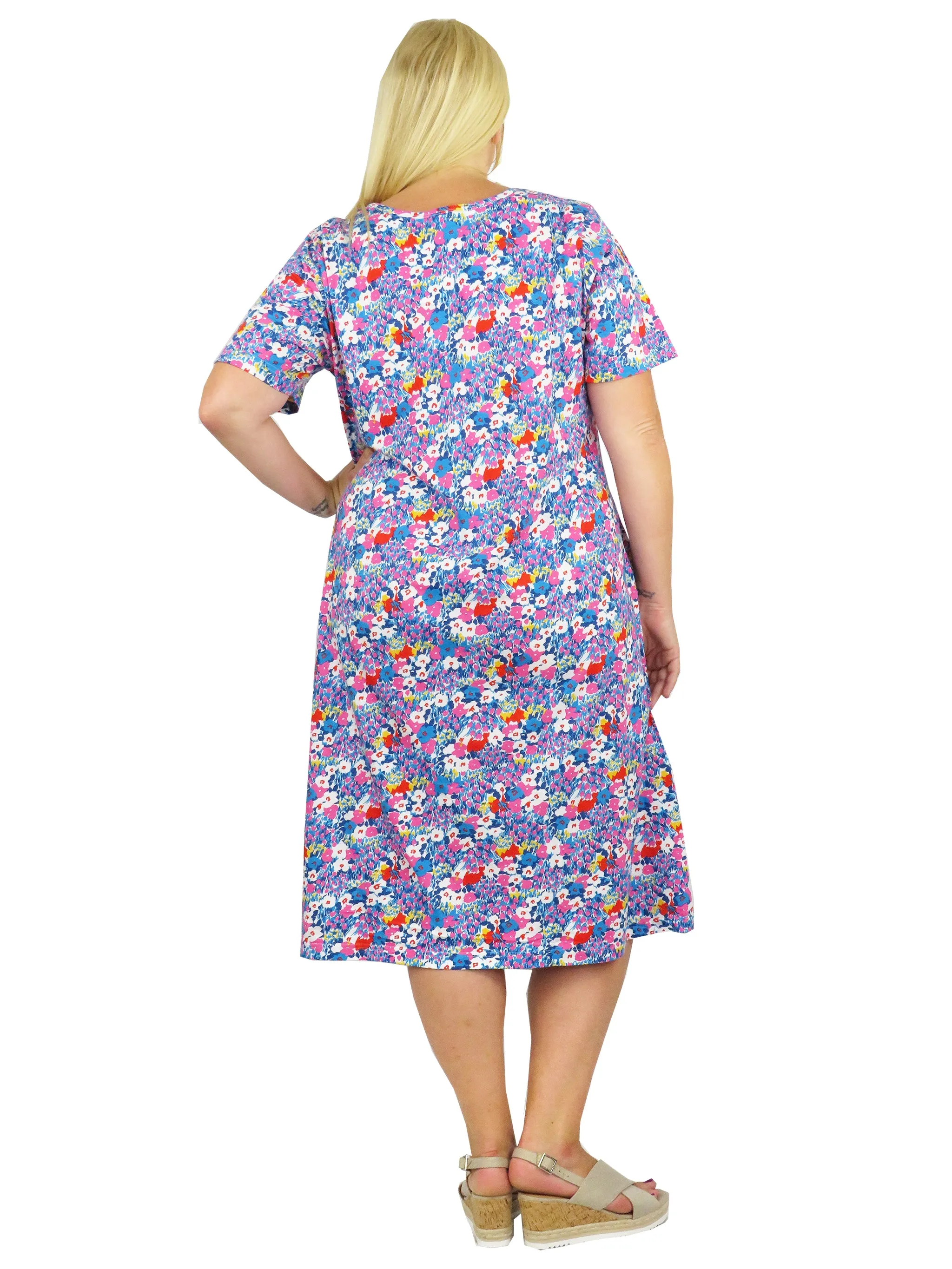 Plus Size Turq/Pink Floral Cotton Jersey A-line Dress