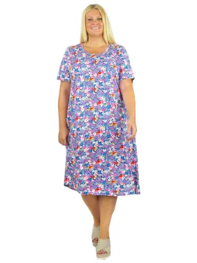 Plus Size Turq/Pink Floral Cotton Jersey A-line Dress