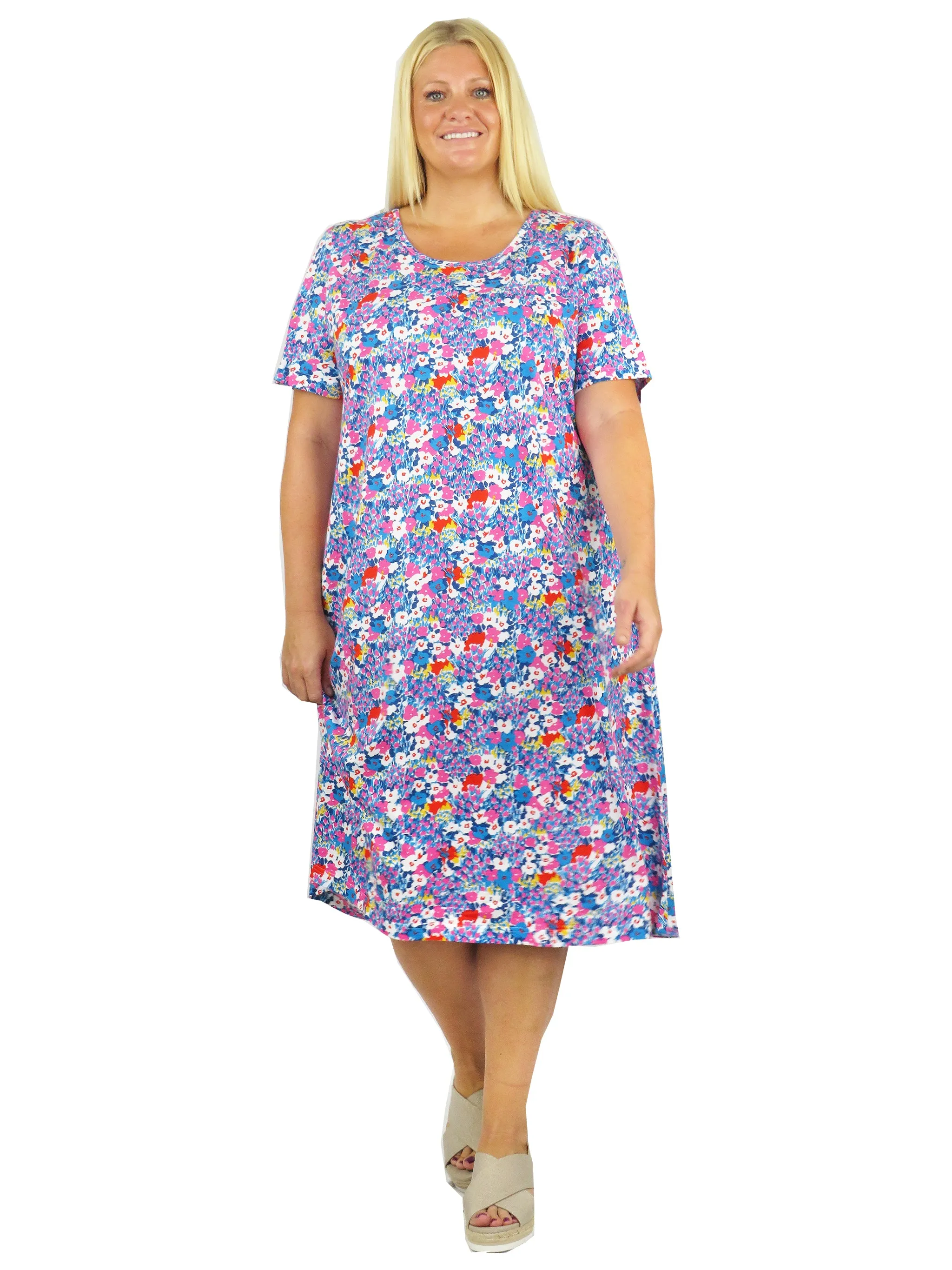 Plus Size Turq/Pink Floral Cotton Jersey A-line Dress
