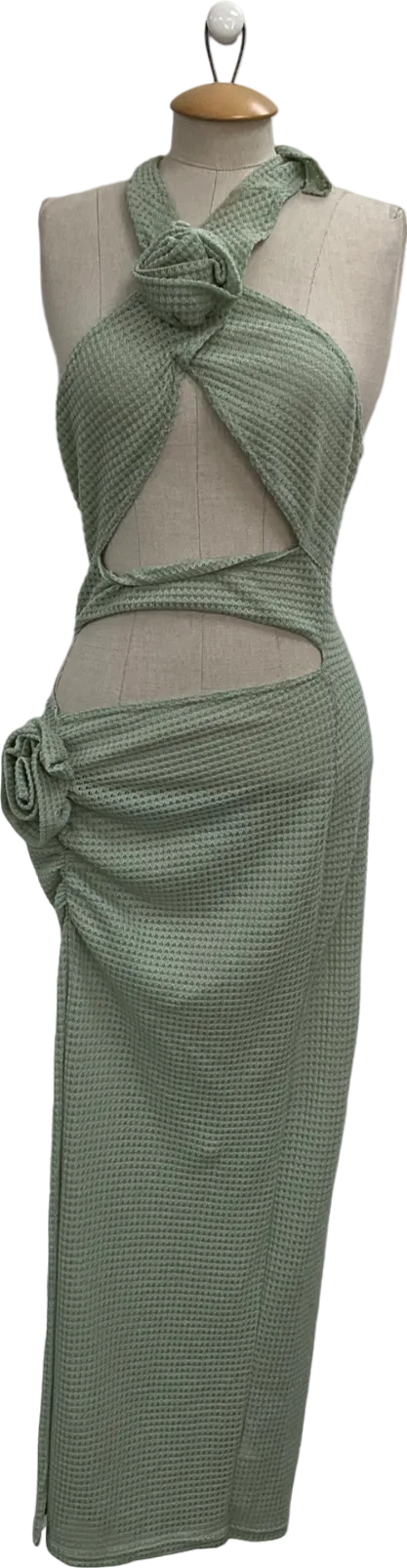 PrettyLittleThing Sage Green Rose Detail Halterneck Knit Midi Dress UK 6