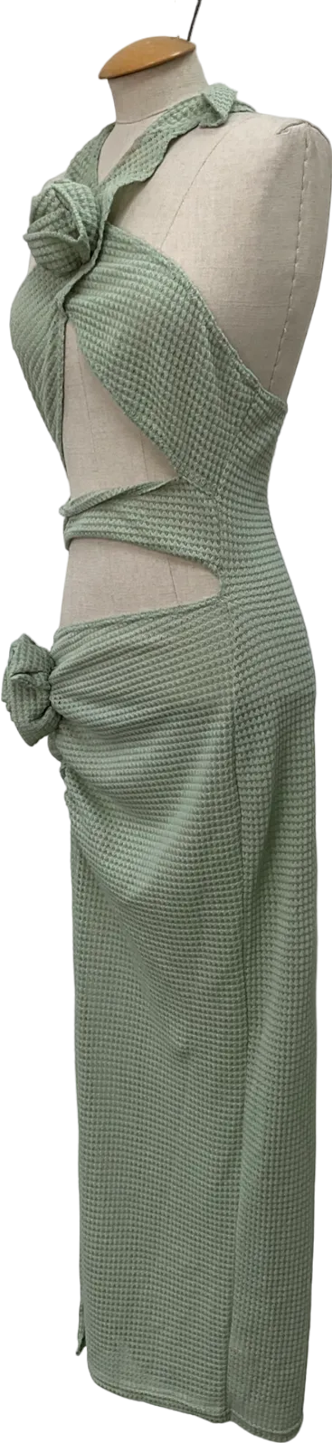 PrettyLittleThing Sage Green Rose Detail Halterneck Knit Midi Dress UK 6
