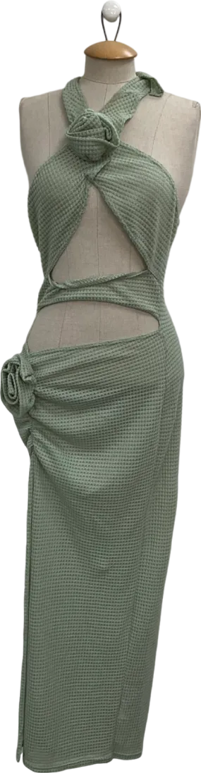 PrettyLittleThing Sage Green Rose Detail Halterneck Knit Midi Dress UK 6