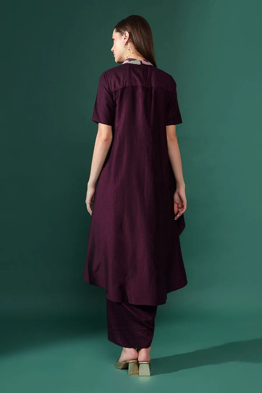 Purple Cotton Silk Tunic & Draped Skirt Co-Ord Set
