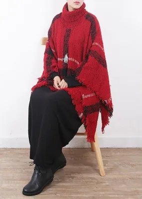 red plaid tassel cloak women casual high neck knit sweater