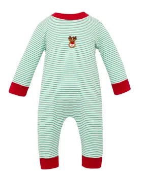 Reindeer Face Knit Romper- Green Stripe