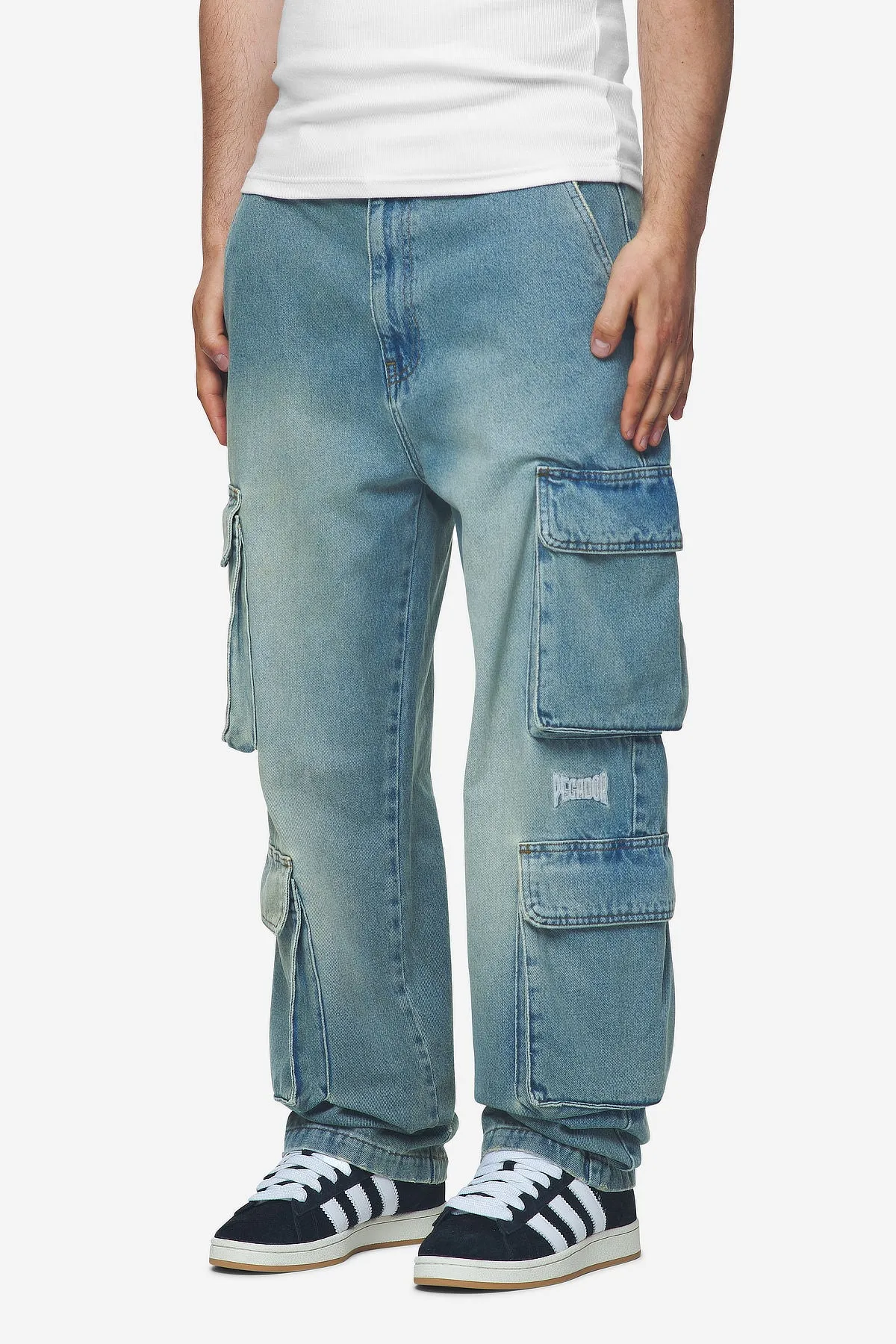 Romain Wide Denim Cargo Pants Washed Vintage Blue
