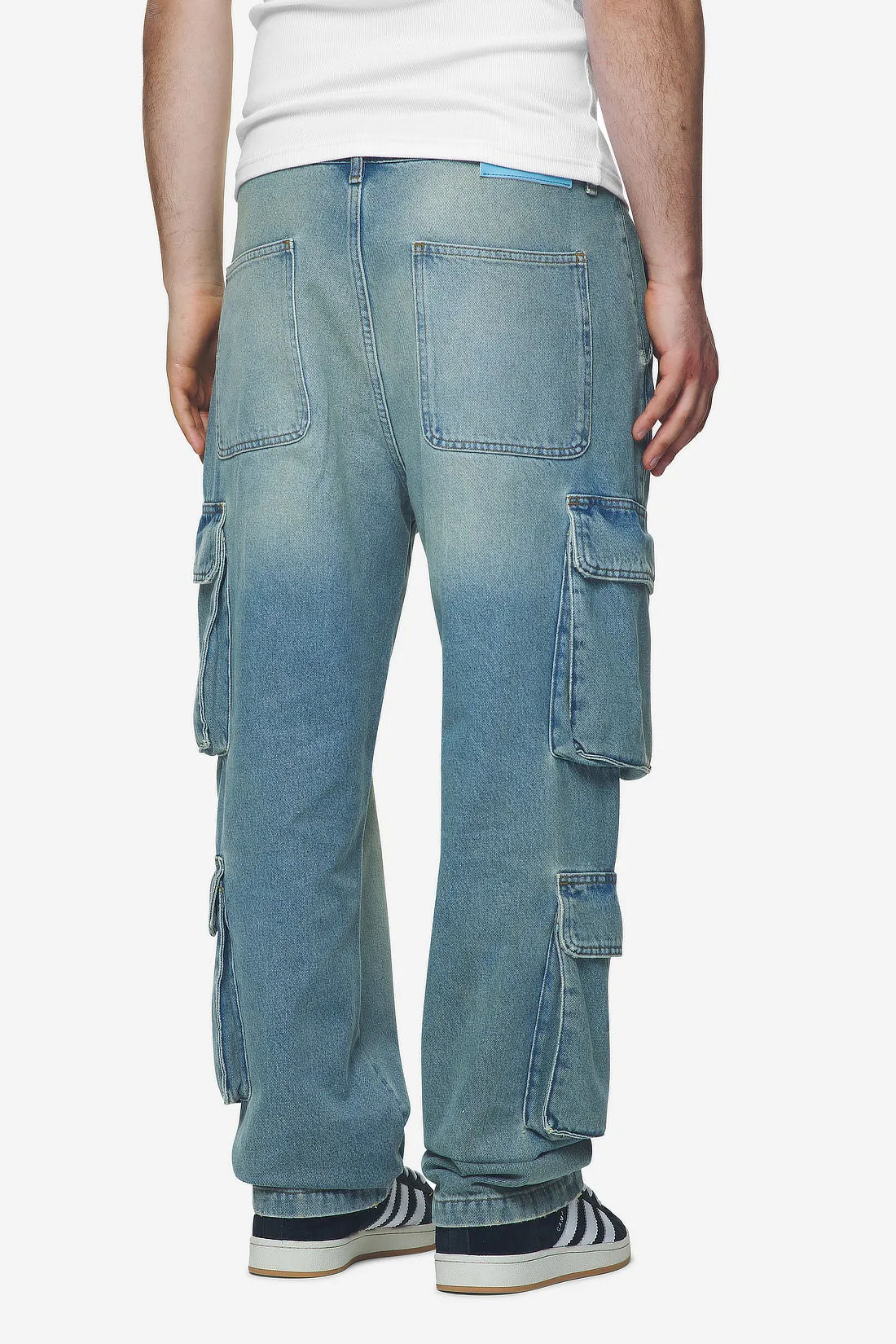 Romain Wide Denim Cargo Pants Washed Vintage Blue