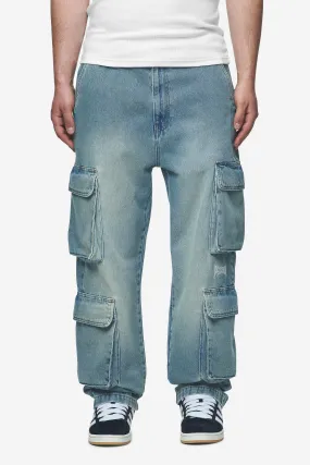 Romain Wide Denim Cargo Pants Washed Vintage Blue