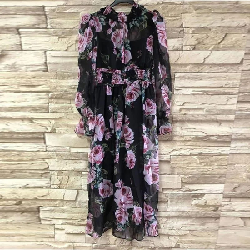 Romantic Rose Print Spring Elegant Turtleneck Waist Elastic Maxi Dress