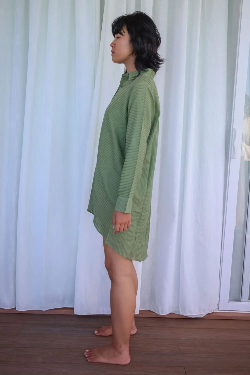 Semi formal self striped Tunic  with oval shell button detailing