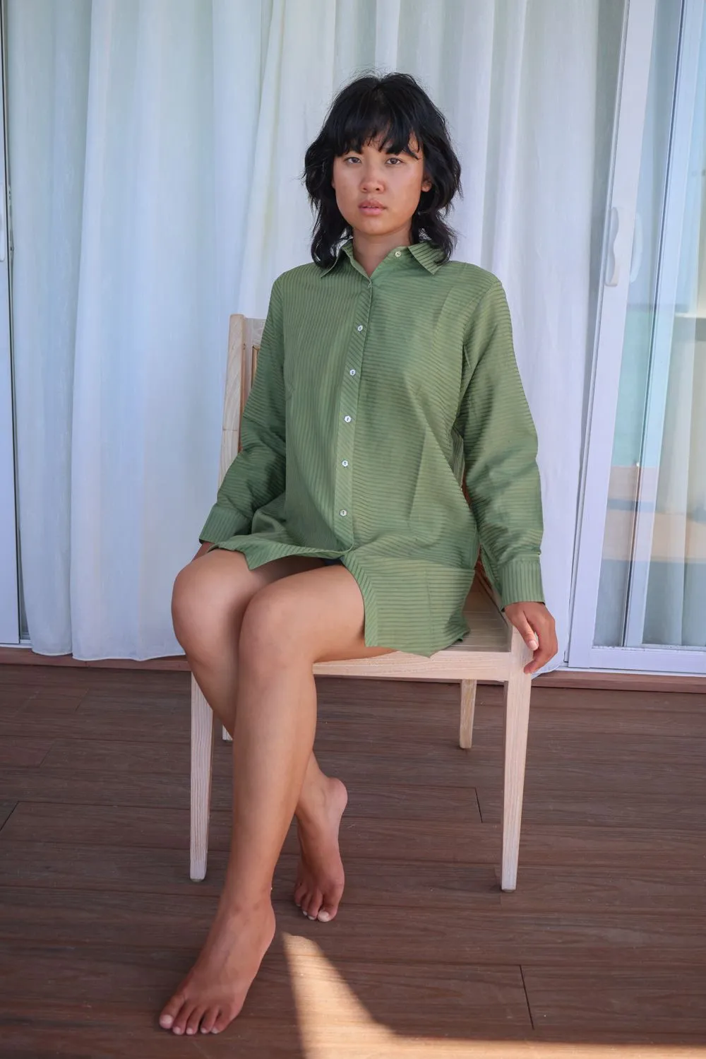 Semi formal self striped Tunic  with oval shell button detailing