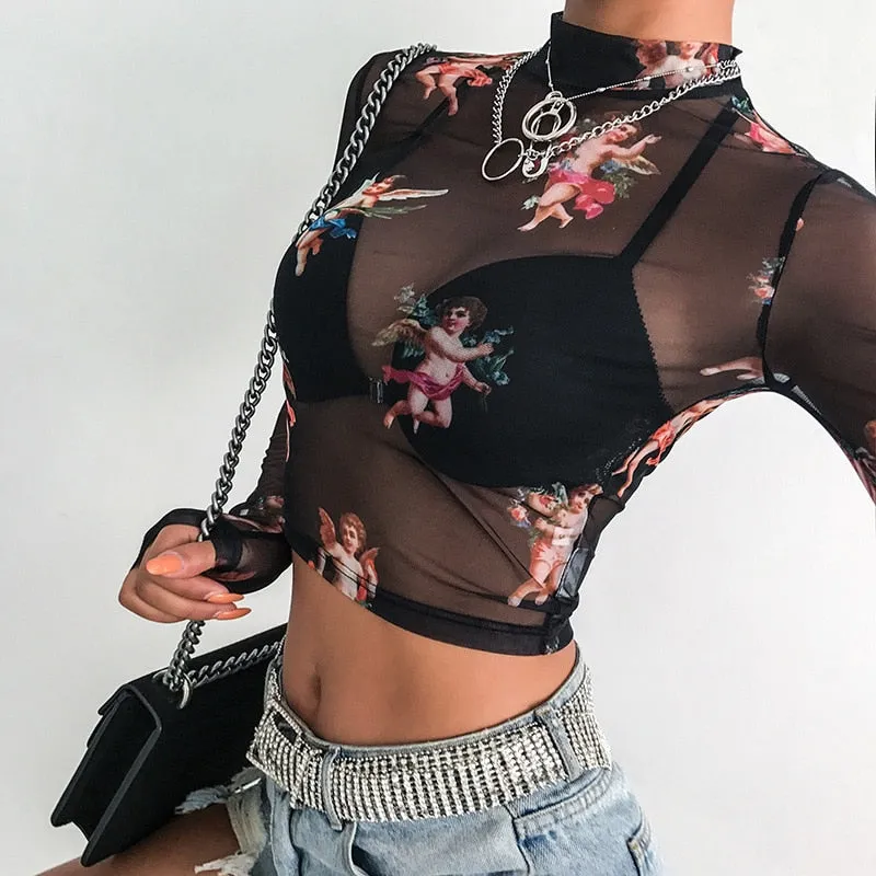 Sexy Ladies' Slim Fit Long Sleeve Turtleneck Mesh See Through Tops