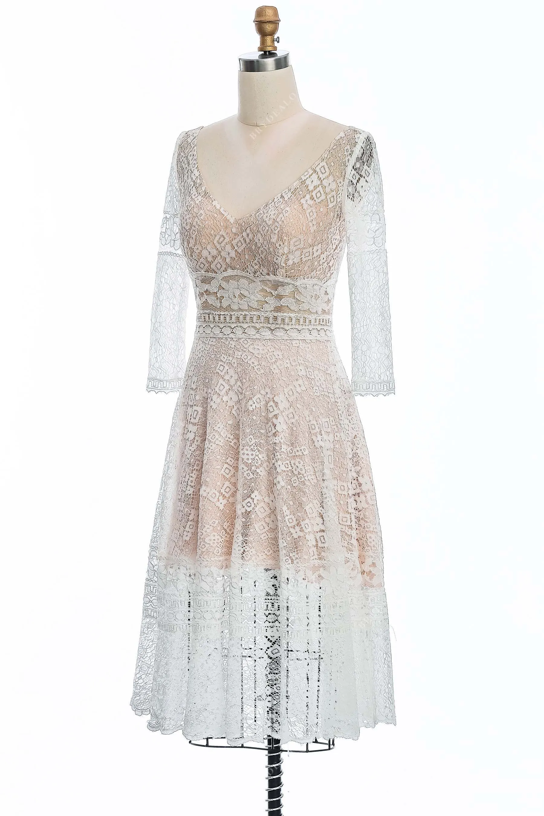 Sheer Sleeves Short Boho Lace Pearl Pink V-neck City Wedding Dress