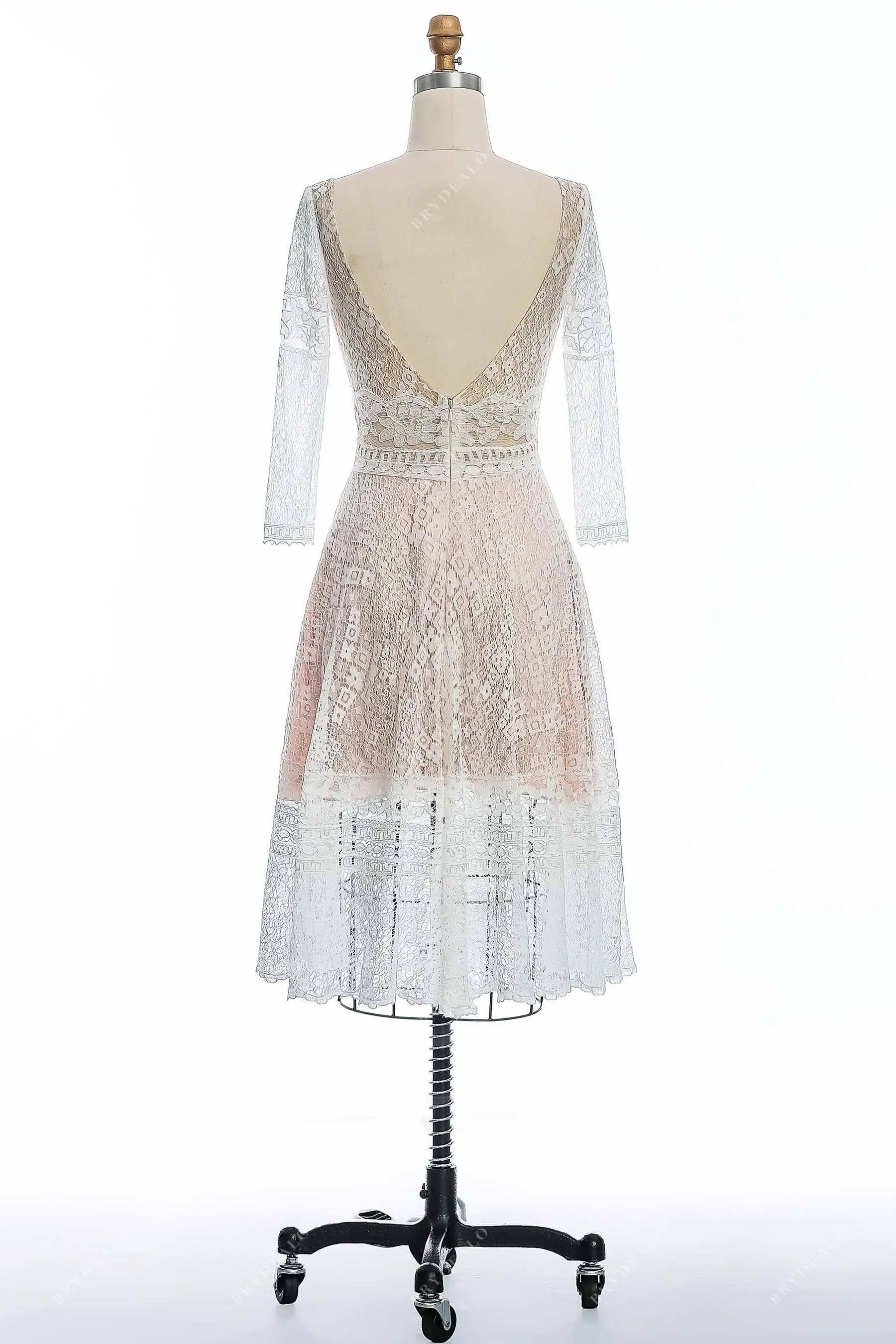 Sheer Sleeves Short Boho Lace Pearl Pink V-neck City Wedding Dress