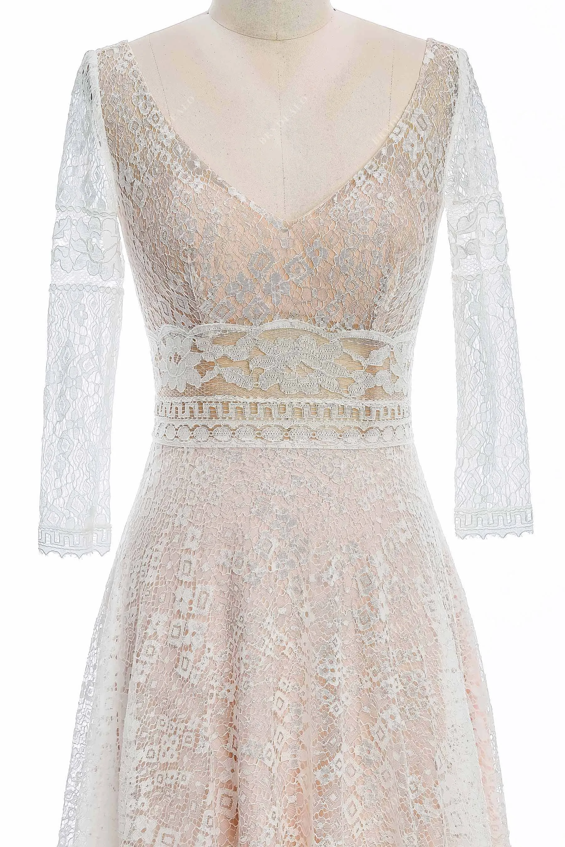 Sheer Sleeves Short Boho Lace Pearl Pink V-neck City Wedding Dress
