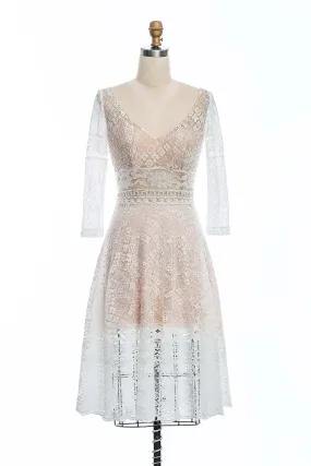 Sheer Sleeves Short Boho Lace Pearl Pink V-neck City Wedding Dress