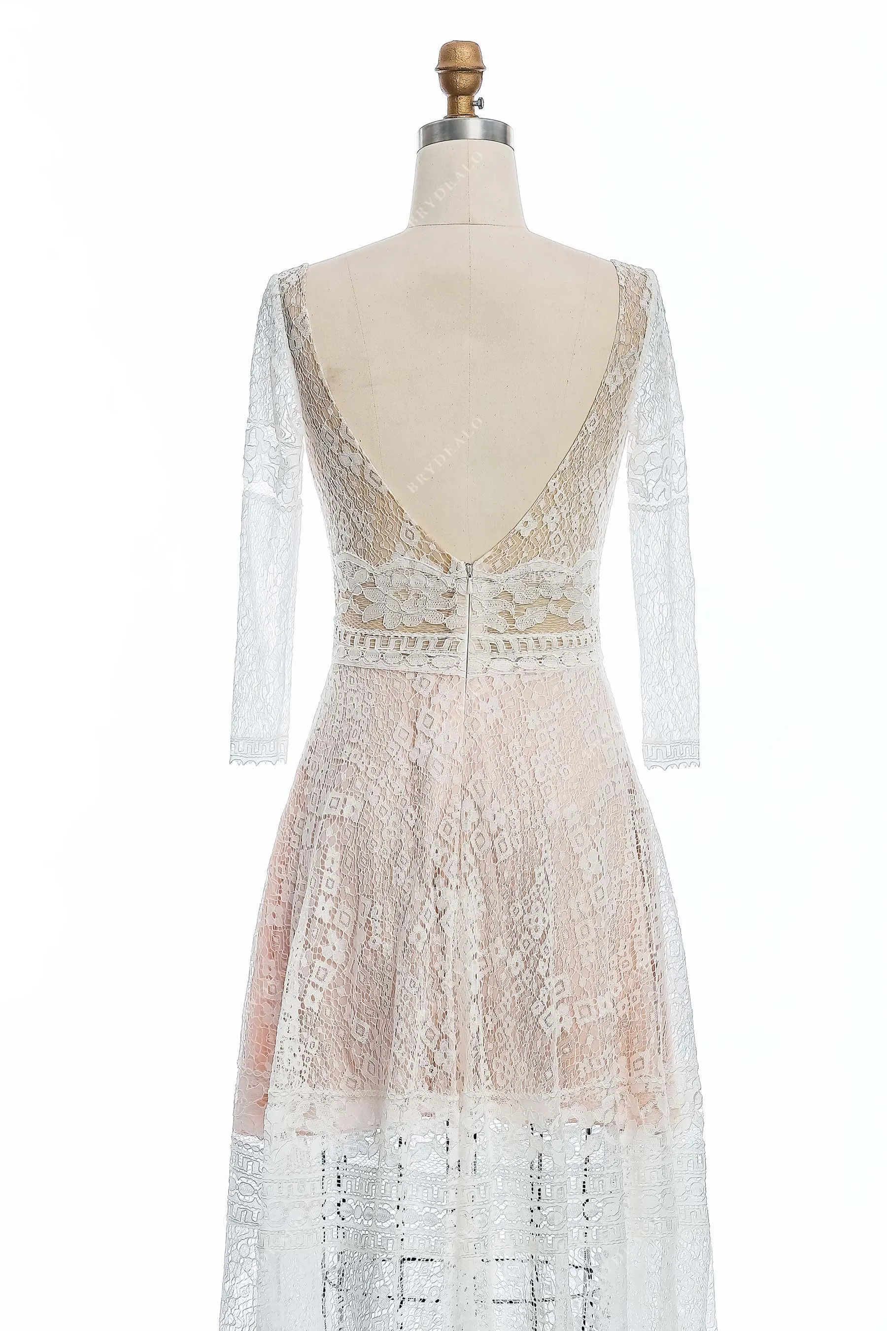 Sheer Sleeves Short Boho Lace Pearl Pink V-neck City Wedding Dress