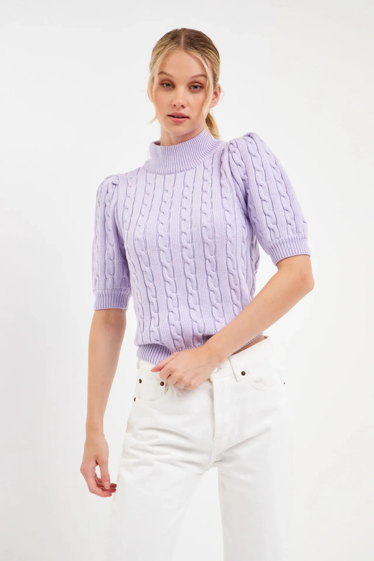 Short-Sleeve Cable-Knit Sweater