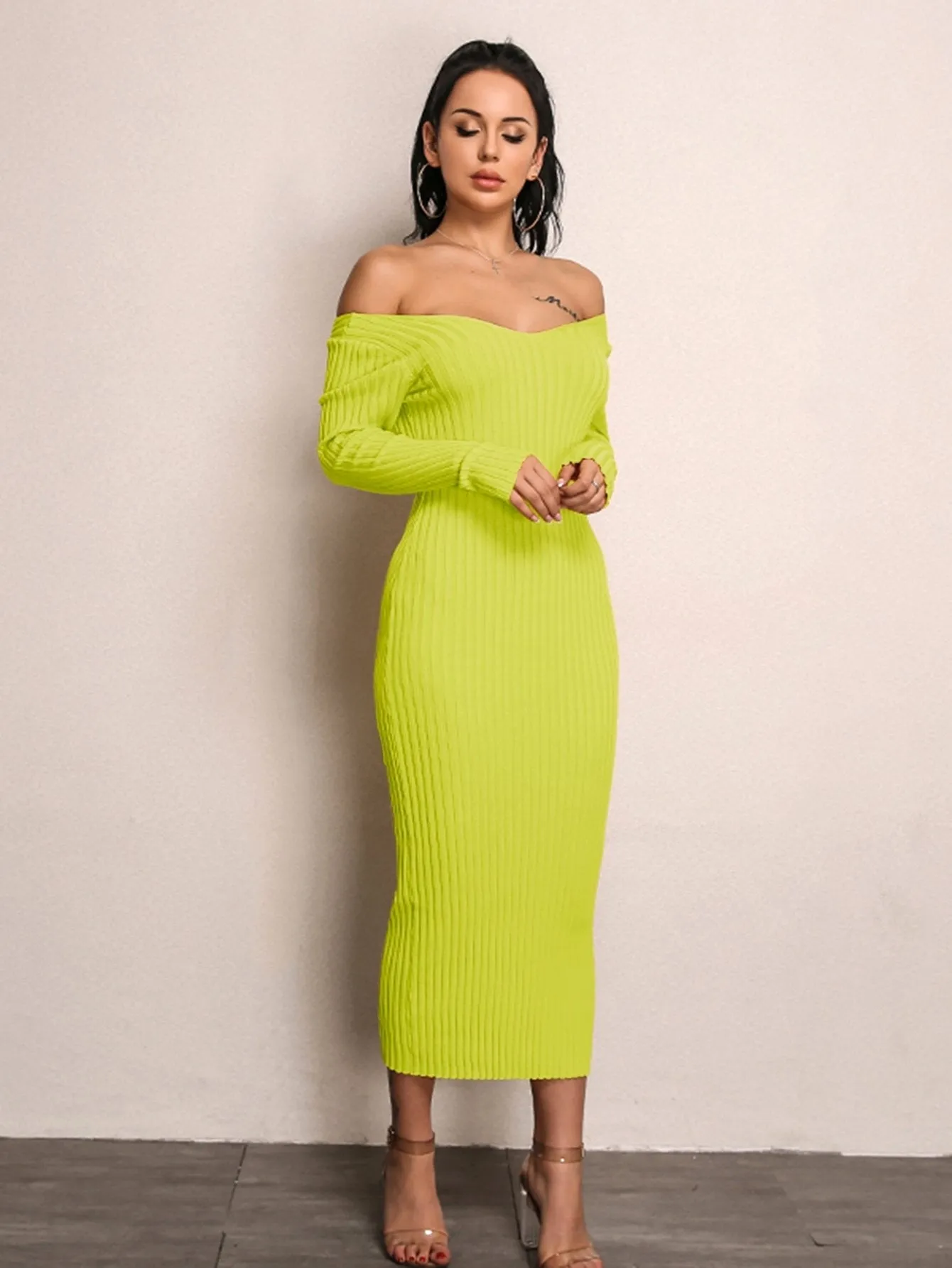 Simplee Neon Lime Bardot Rib-knit Jumper Dress