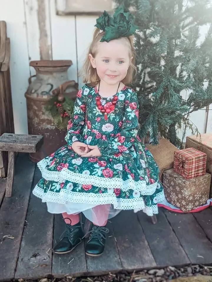 Snowy Floral Long Sleeve Ruffle Lace Dress