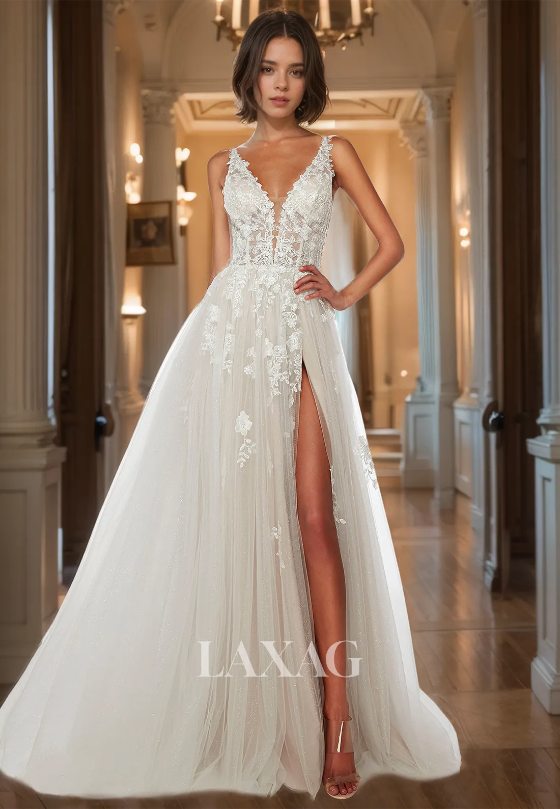 Spaghetti Straps Deep V-Neck A-Line Prom Dress Pleated Applique Glitter-Knit Party Gowns with Slit