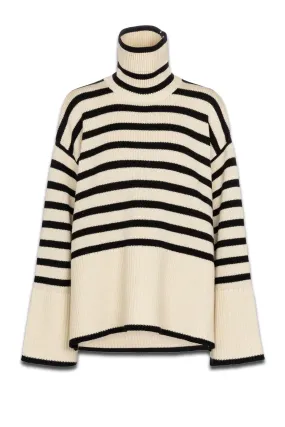 Striped Turtleneck Wool-blend Sweater In Beige And Black
