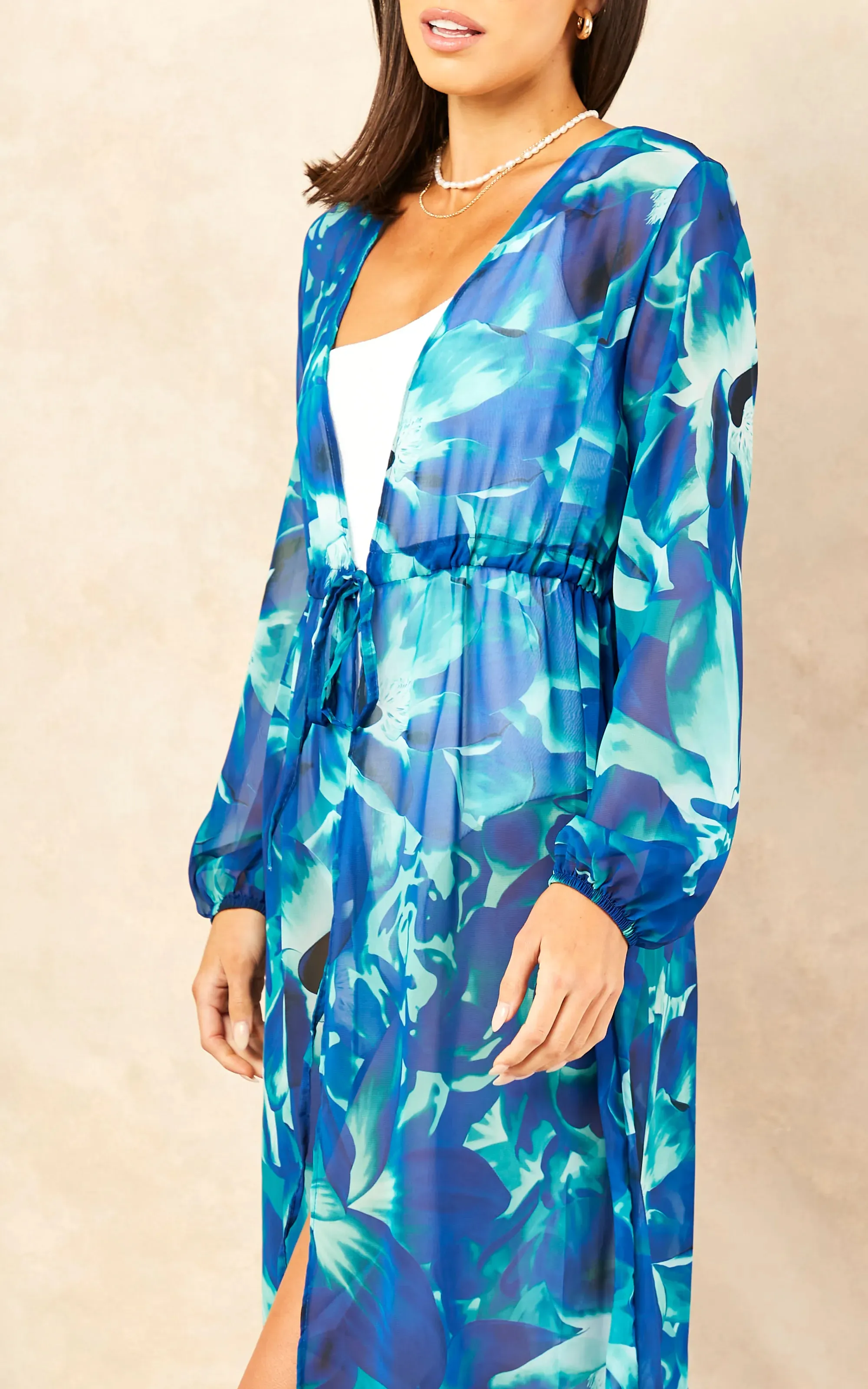 Summer Maxi Tunic / Kaftan with Tie Waist in Sax Blue