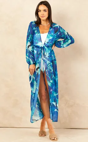 Summer Maxi Tunic / Kaftan with Tie Waist in Sax Blue