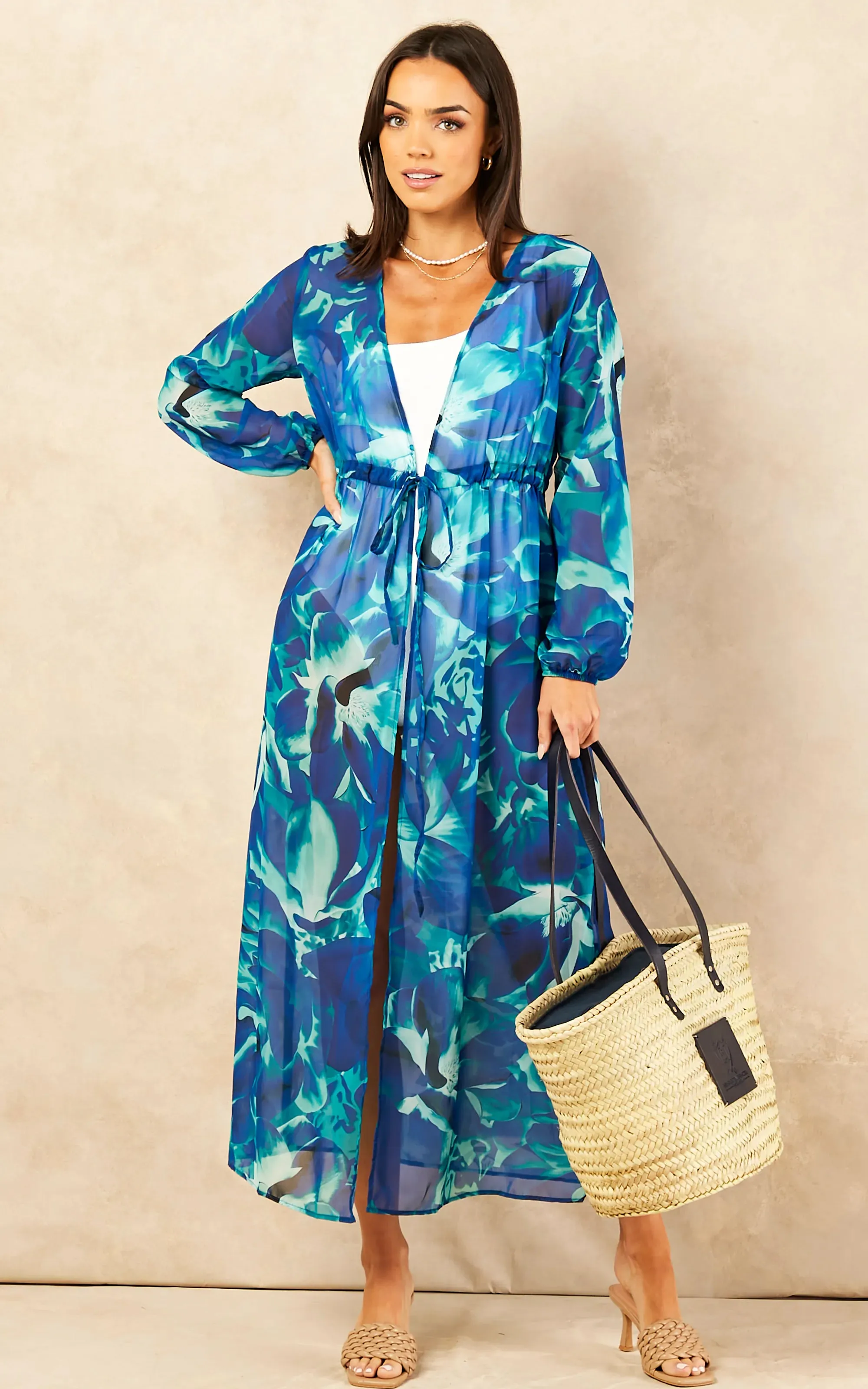 Summer Maxi Tunic / Kaftan with Tie Waist in Sax Blue