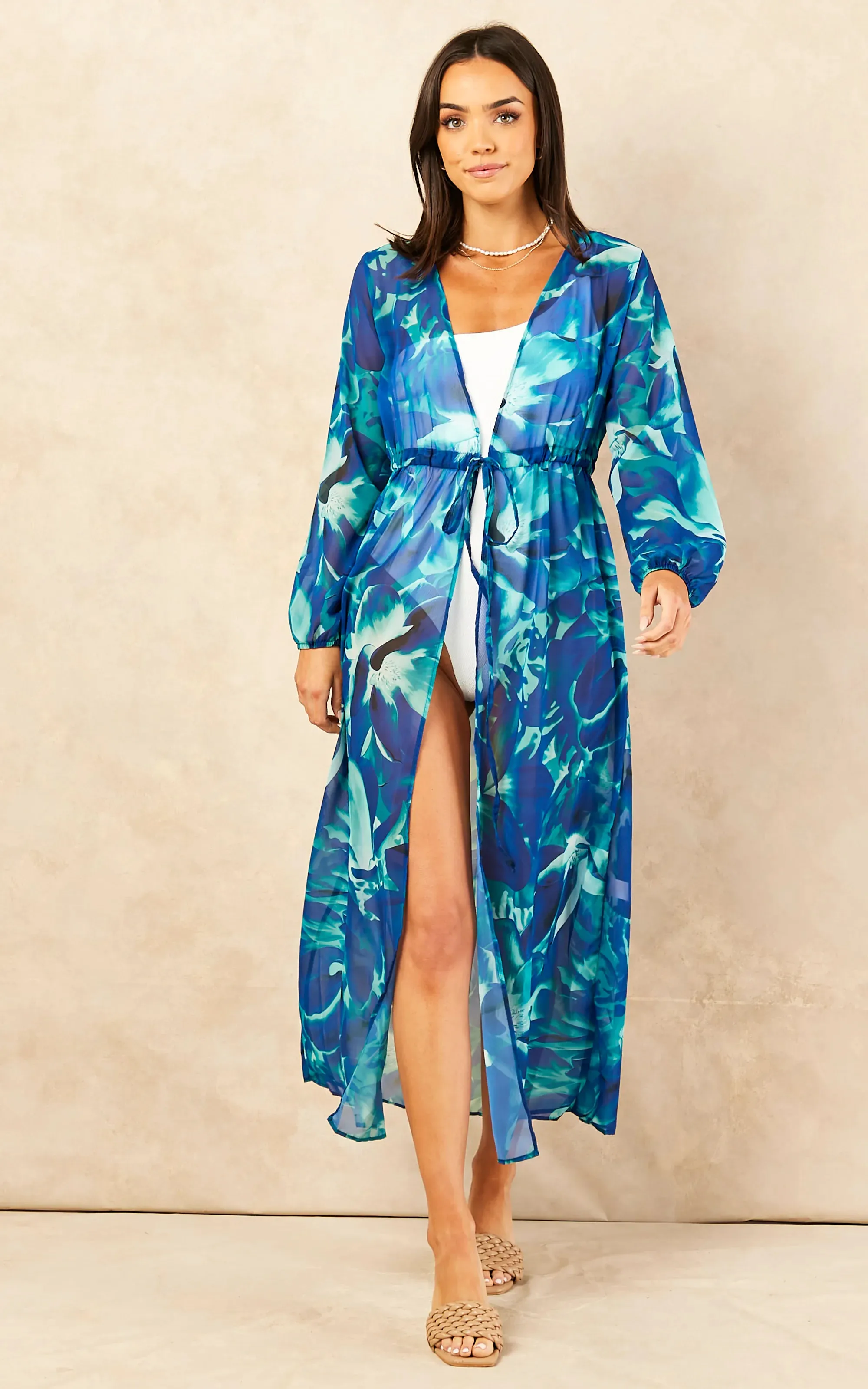 Summer Maxi Tunic / Kaftan with Tie Waist in Sax Blue