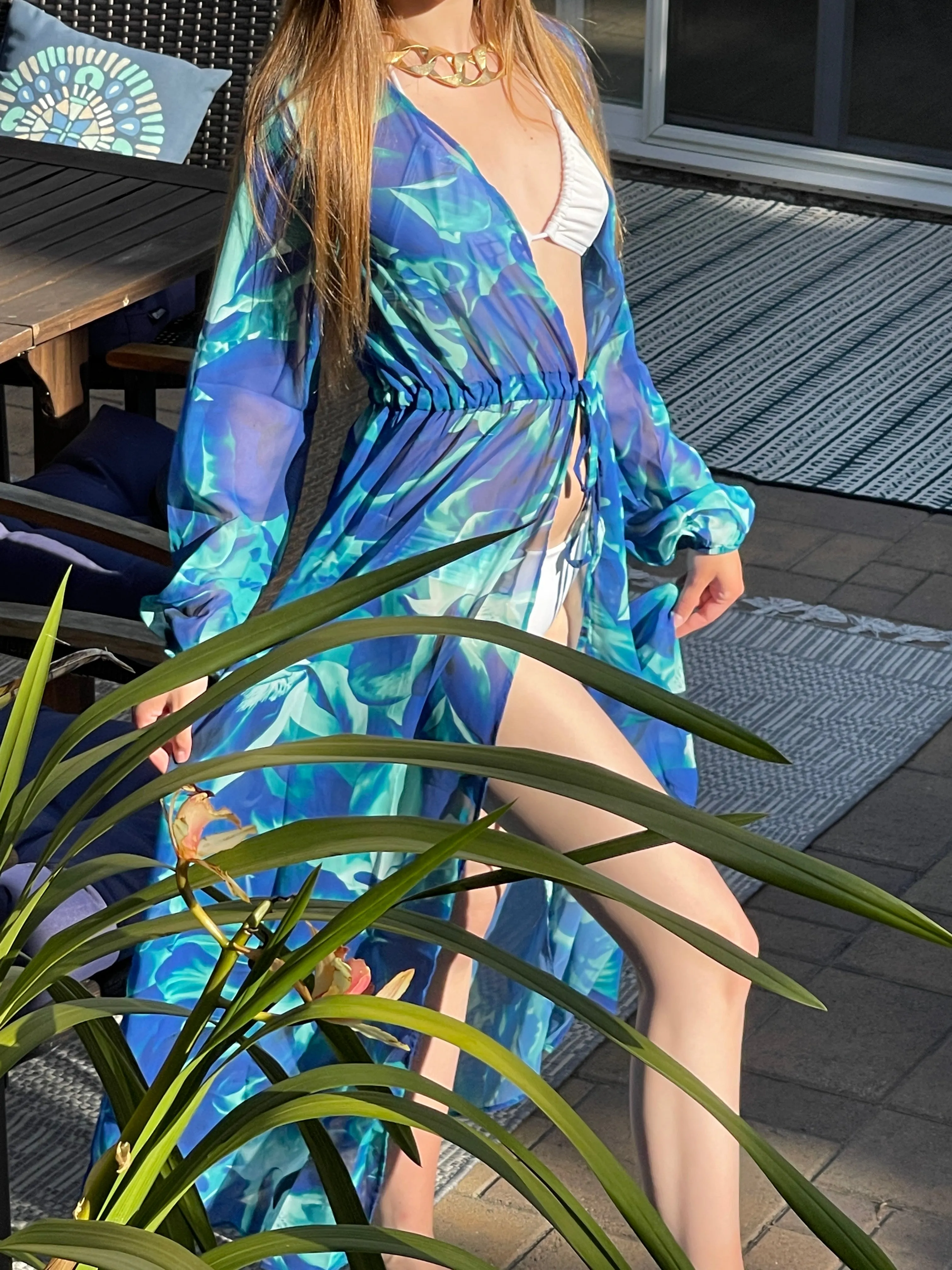 Summer Maxi Tunic / Kaftan with Tie Waist in Sax Blue