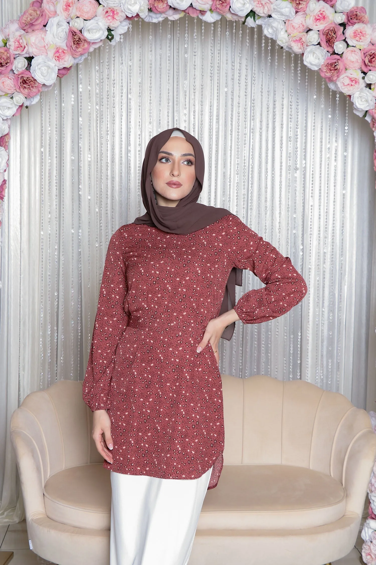 Thea Floral Belted Top- Rusty Pink