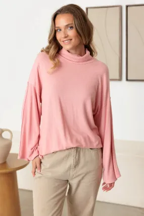 Turtle Neck Wide Long Sleeve Soft Touch Top